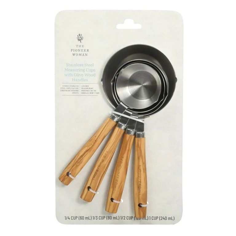 The Pioneer Woman 4-Piece Stainless Steel Measuring Cups with Olivewood Handles | Walmart (US)