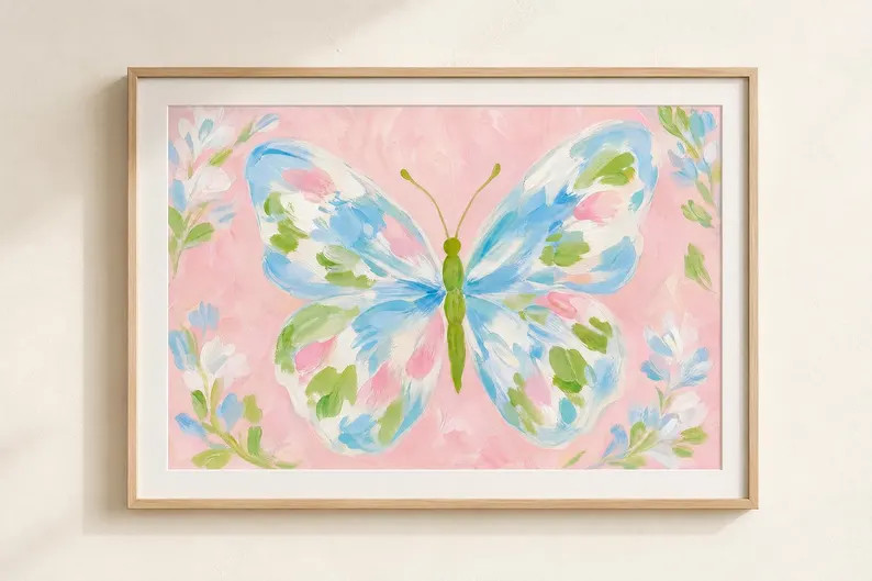 Pastel Butterfly Wall Art Printable, Pink Blue Butterfly Print, Preppy Girls Room Decor, Coastal ... | Etsy (Global)