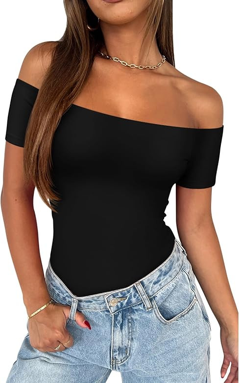 REORIA Women Sexy Off The Shoulder Short Sleeve Backless Basic Double Lined Thong Bodysuit Tops | Amazon (US)