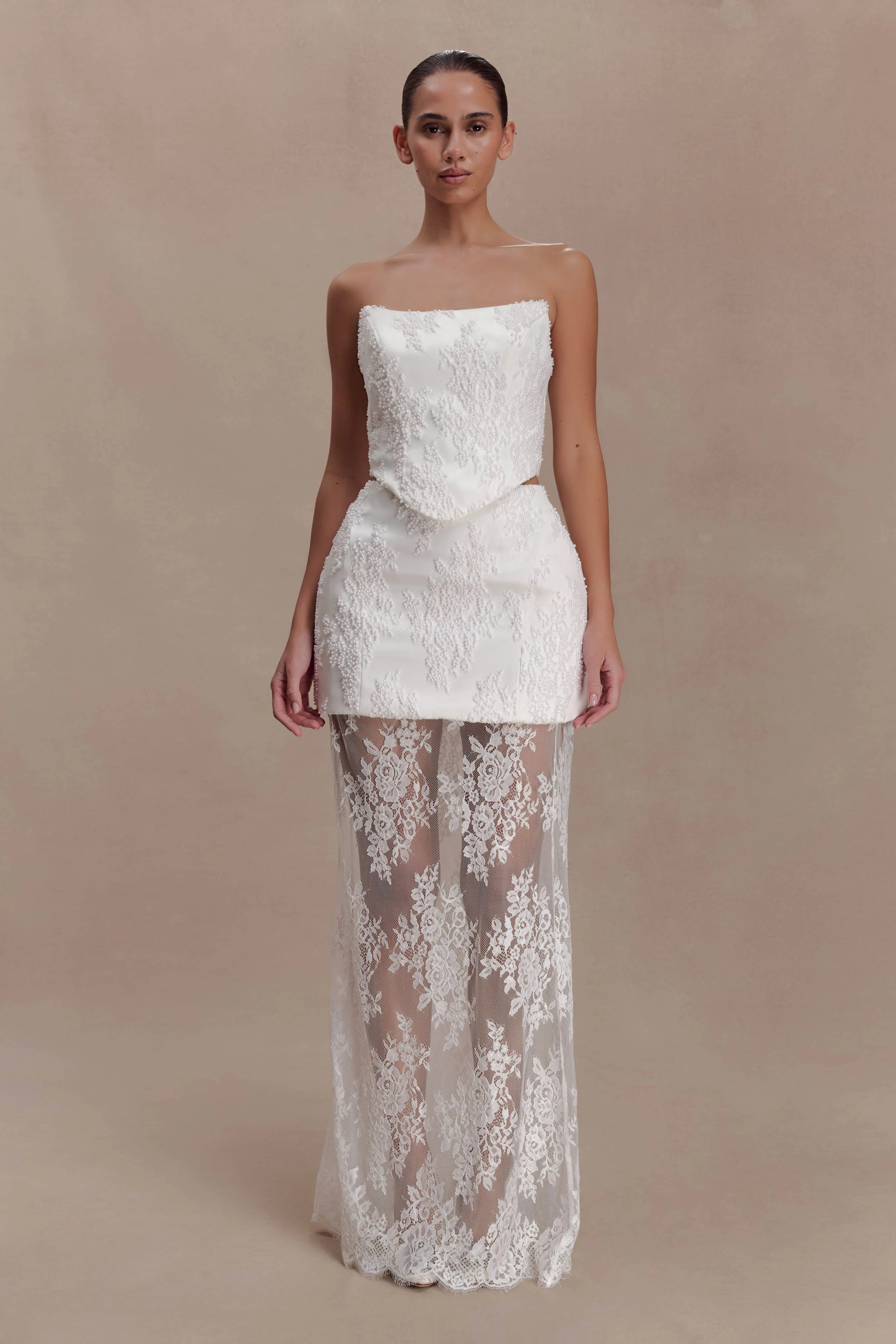 Beaded Satin And Lace Maxi Skirt - Ivory | MESHKI US