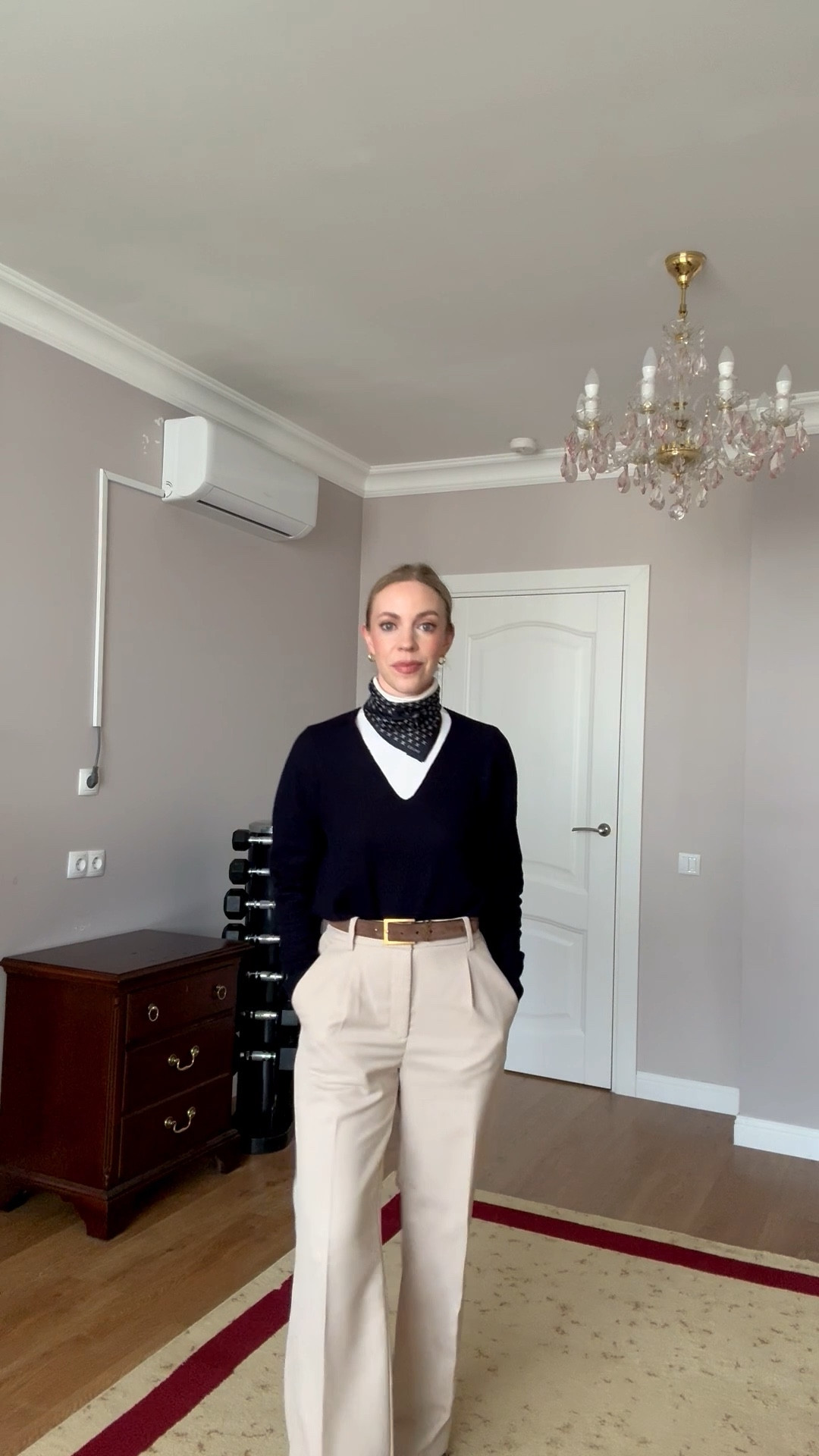 Work outfit, business casual, spring workwear, @Zara navy blue sweater, silk scarf, suede YSL belt, office style 

#LTKOver40 #LTKWorkwear #LTKSeasonal