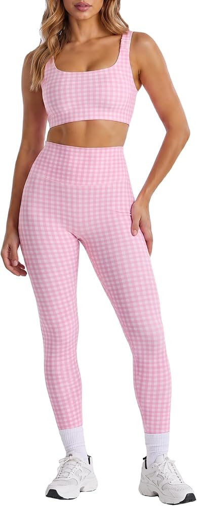 Womens Gingham Workout Sets 2 Piece Sets Athletic Outfits Sports Bra High Waist Leggings Sets Mat... | Amazon (US)