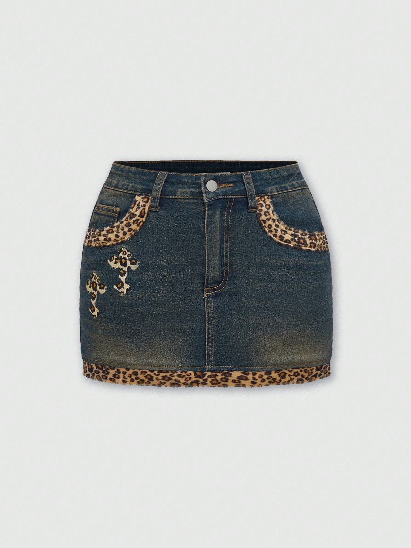 ROMWE Grunge Punk Y2K Subculture Vintage Leopard Print Patchwork Women's Denim Mini Skirt | SHEIN