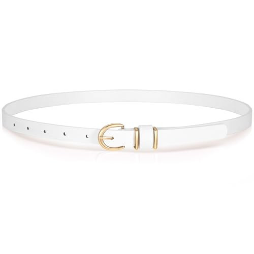 VONMELLI Womens Skinny Leather Belt Thin Waist White Belts for Women Fashion Dress Jeans with Gold Buckle, L | Amazon (US)
