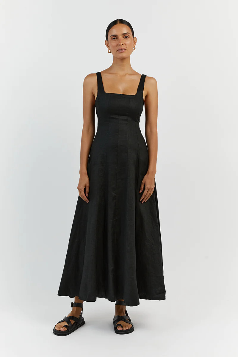 MILAHN BLACK LINEN MIDI DRESS | DISSH