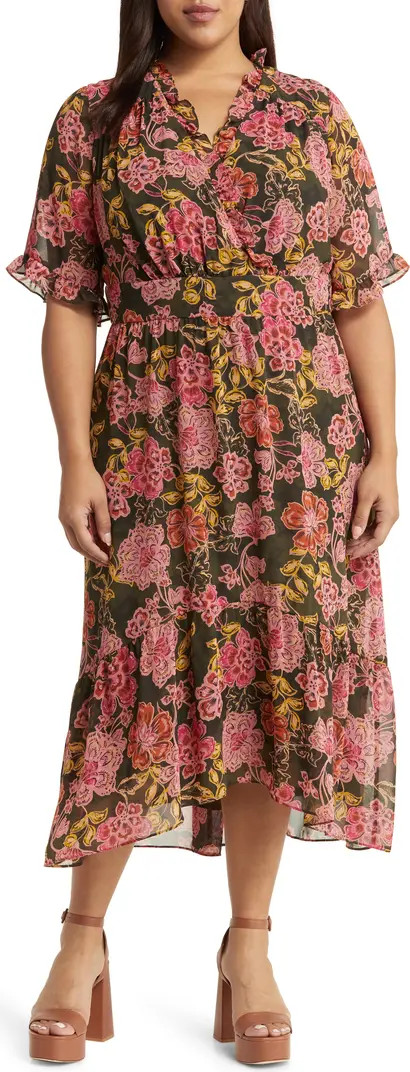 Floral Ruffle Faux Wrap Midi Dress | Nordstrom