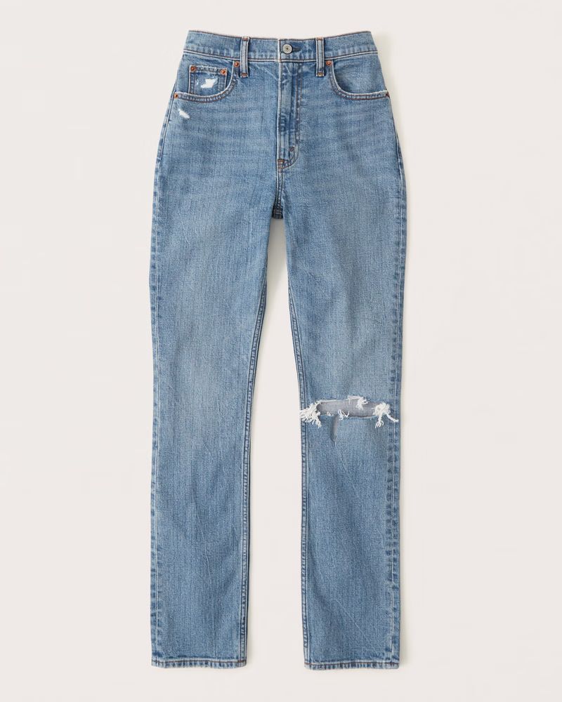 Abercrombie & Fitch Women's Curve Love Ultra High Rise 90s Slim Straight Jean in Medium Destroy - Si | Abercrombie & Fitch (US)