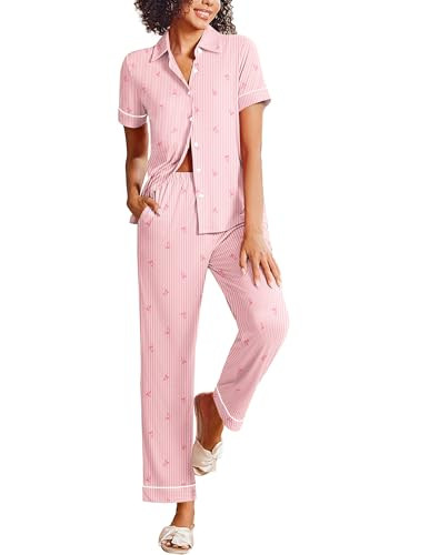 Ekouaer Womens Pajama Sets 2 Piece Button Down Short Sleeve Pjs Set Soft Lounge Set with Long Pan... | Amazon (US)