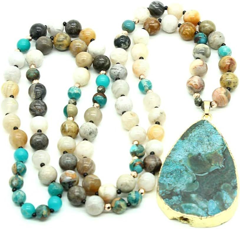 Bonnie Long Prayer Charm Necklace Druzy Natural Stone Beads Gemstone Boho Necklace Meditation Yog... | Amazon (US)