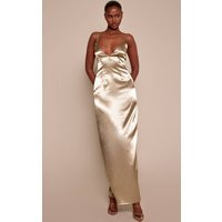 Gold Plunge Strappy Satin Maxi Dress | PrettyLittleThing US