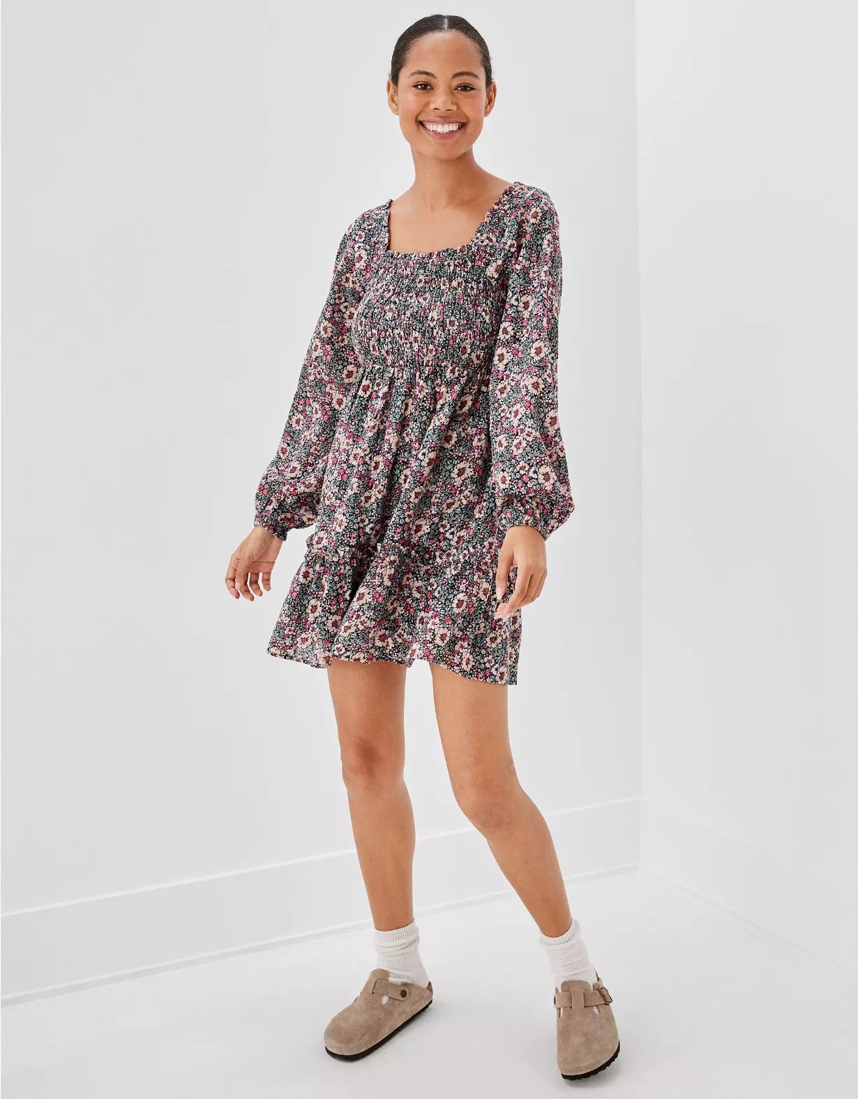 AE Long-Sleeve Smocked Floral Mini Dress | American Eagle Outfitters (US & CA)