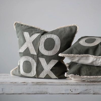 Creative Co-Op Xo Recycled Cotton Canvas Eyelash Fringed Pillow, Green | Ashley Homestore