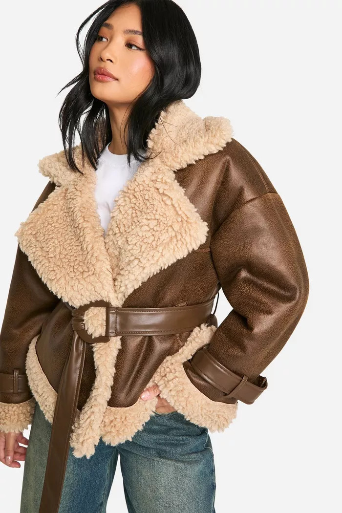 Petite Belted Luxe Teddy Trim Jacket | boohoo (US & Canada)