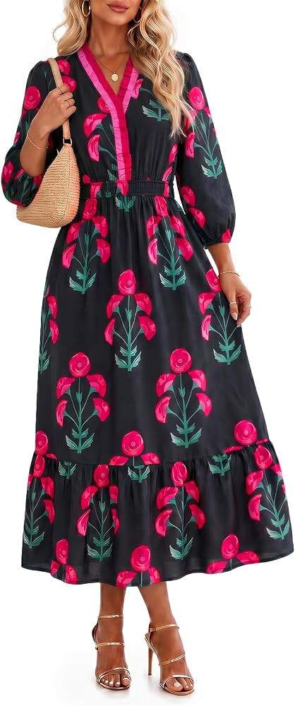 Wenrine Womens Long Sleeve Midi Dress Boho Floral V Neck Flowy Dresses | Amazon (US)