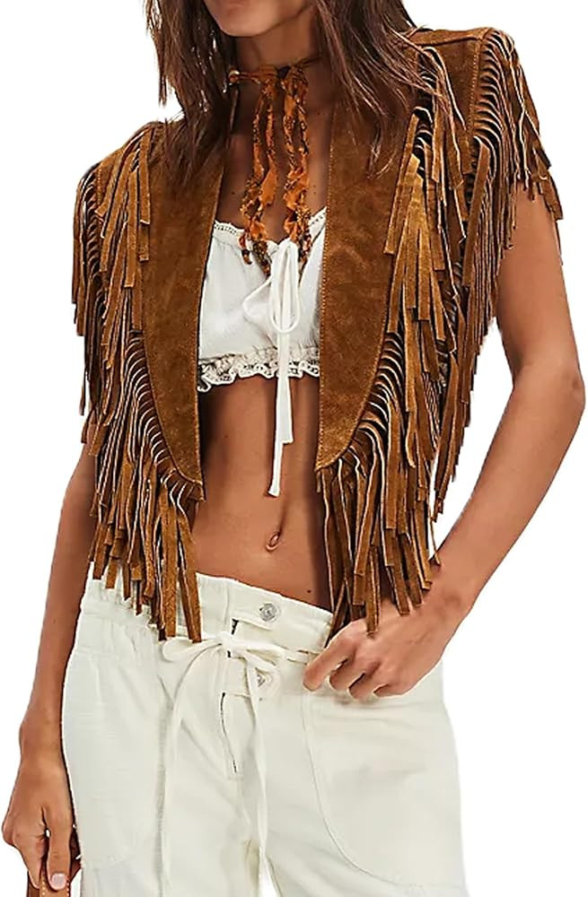 MBZJSDKHLK Women Tassel Vest Y2K Sleeveless Fringe Wide Eyes Suede Collar Shawl Open Front Boho W... | Amazon (US)