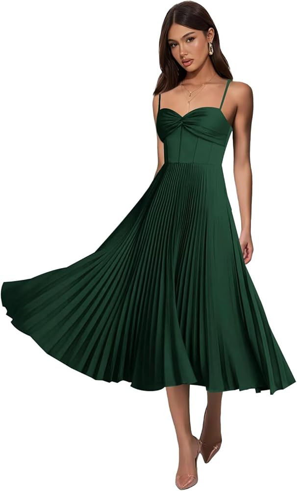 Tea Length Pleated Bridesmaid Dresses for Women Satin A Line Midi Sleeveless Formal Party Gowns | Amazon (US)