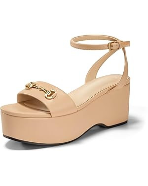 Womens Platform Sandals Chunky Wedges Heels Open Toe Ankle Strap Summer Dress Shoes with Metal Bu... | Amazon (US)
