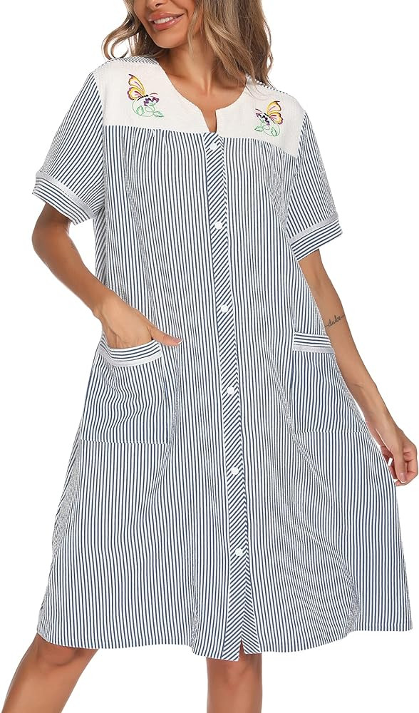 YOZLY House Dress Womens Embroidered Housecoat Short Sleeve Duster Robe with Front Pockets | Amazon (US)