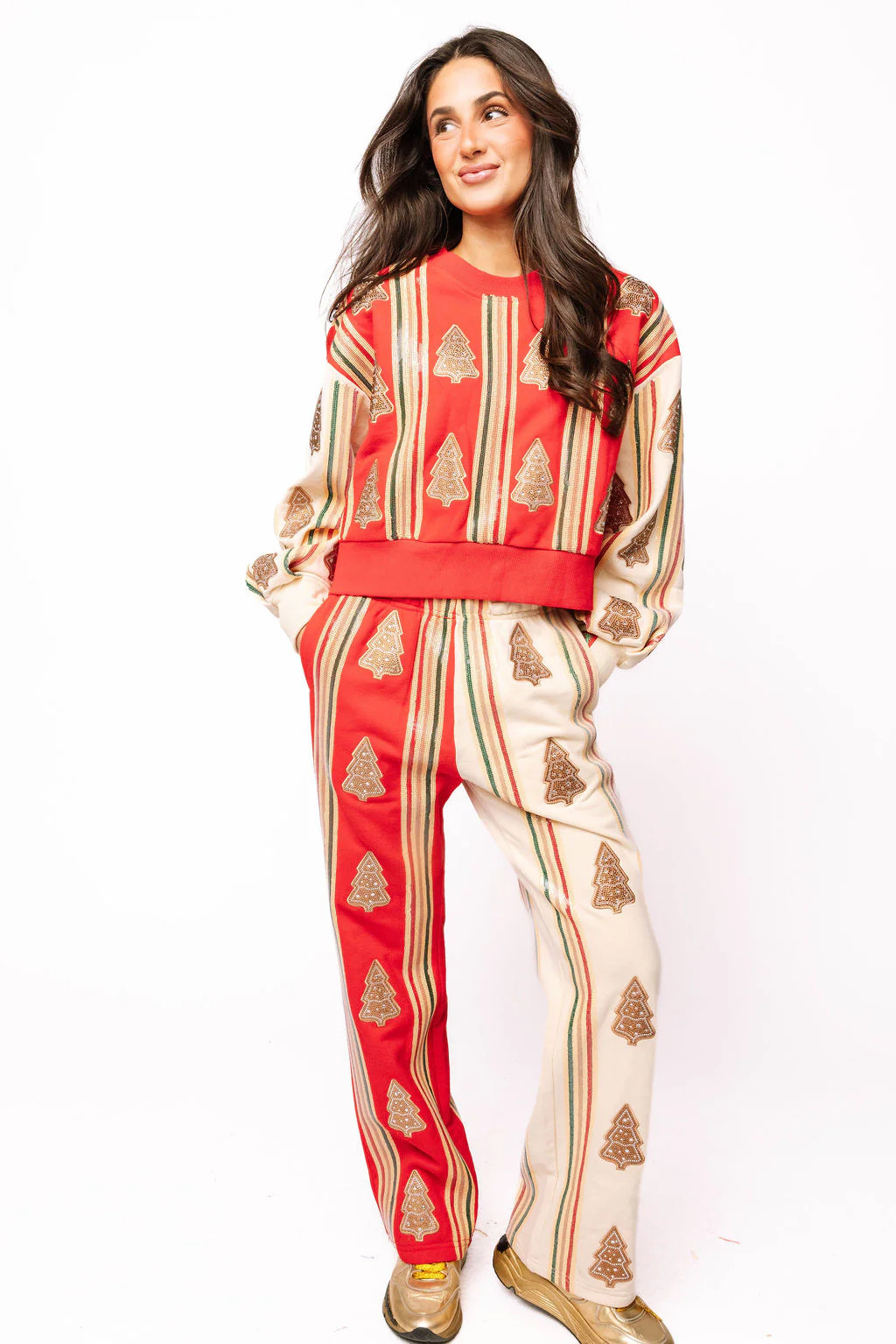 Red & Ivory Striped Christmas Cookie Sweatshirt | Queen of Sparkles