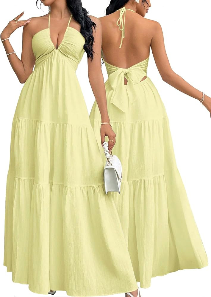 Narecte Women's Maxi Summer Dresses Halter V Neck Beach Dresses for Women A-Line Casual Dress for... | Amazon (US)