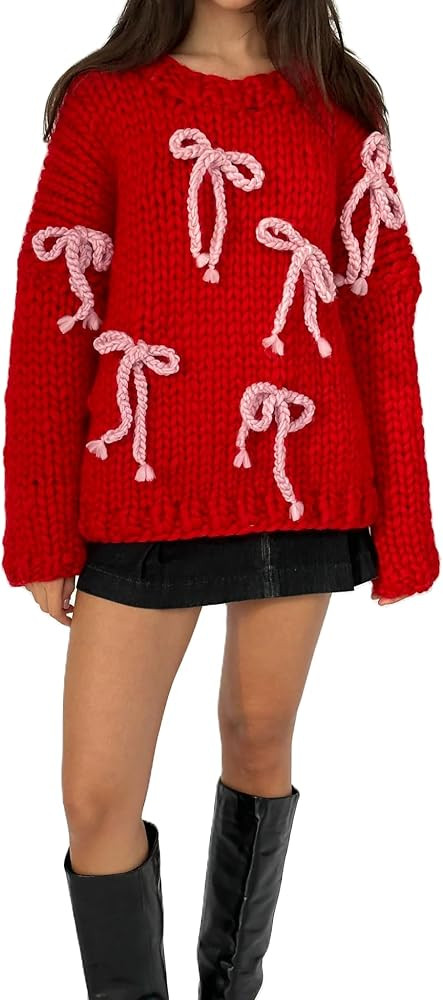 Women Y2k Bow Sweater Tops Cute Bowknot Knit Going Out Tops Valentine's Ribbon Sweater Long Sleev... | Amazon (US)
