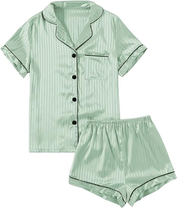 LYANER Women's Striped Silky Satin Pajamas Short Sleeve Top with Shorts Sleepwear PJ Set | Amazon (US)