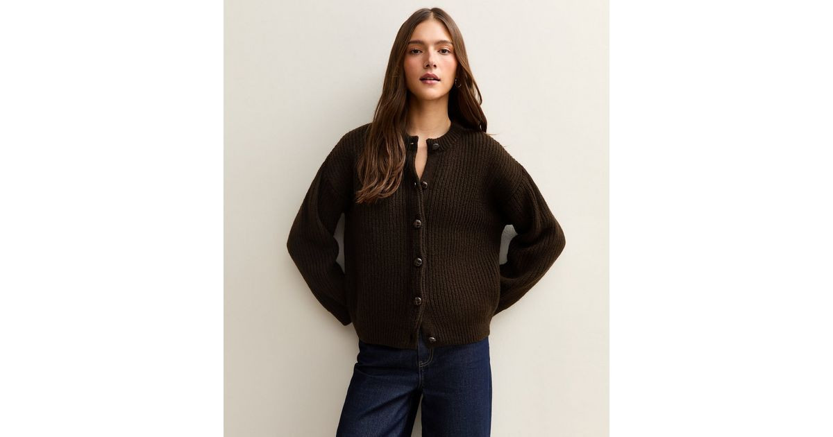 Dark Brown Rib Knit Cardigan | New Look | New Look (UK)
