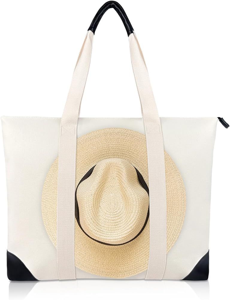 Travel Tote Bag with Hat Holder Strap, Canvas Beach Tote with Leather Accents, Hat Holder for Tra... | Amazon (US)
