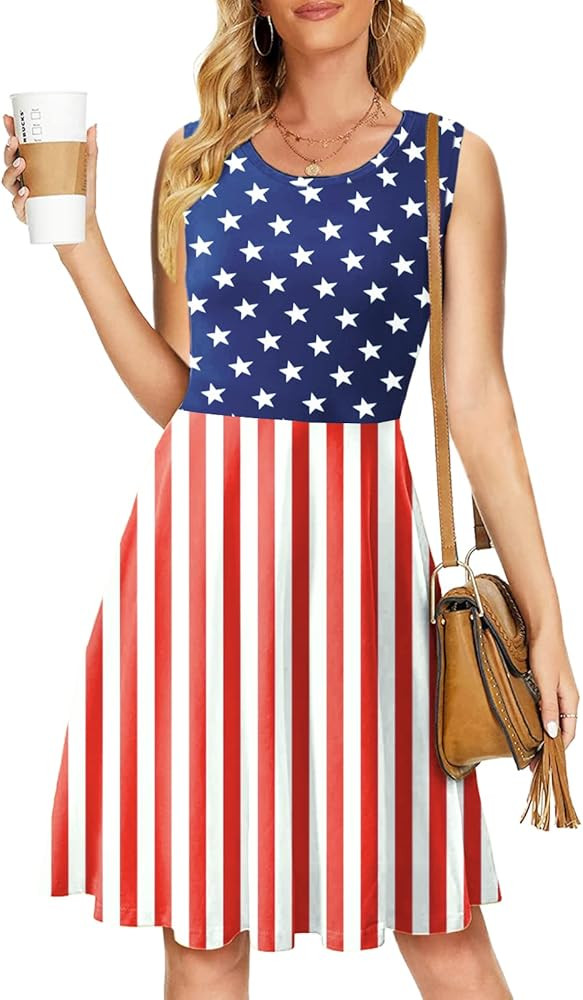 4th of July Dress for Women Sleeveless American Flag Patriotic Elastic High Waist Sundres... | Amazon (US)