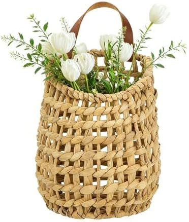 Water Hyacinth Hanging Basket with Faux Leather Strap - Handwoven Boho Wall Basket for Plant Flow... | Amazon (US)