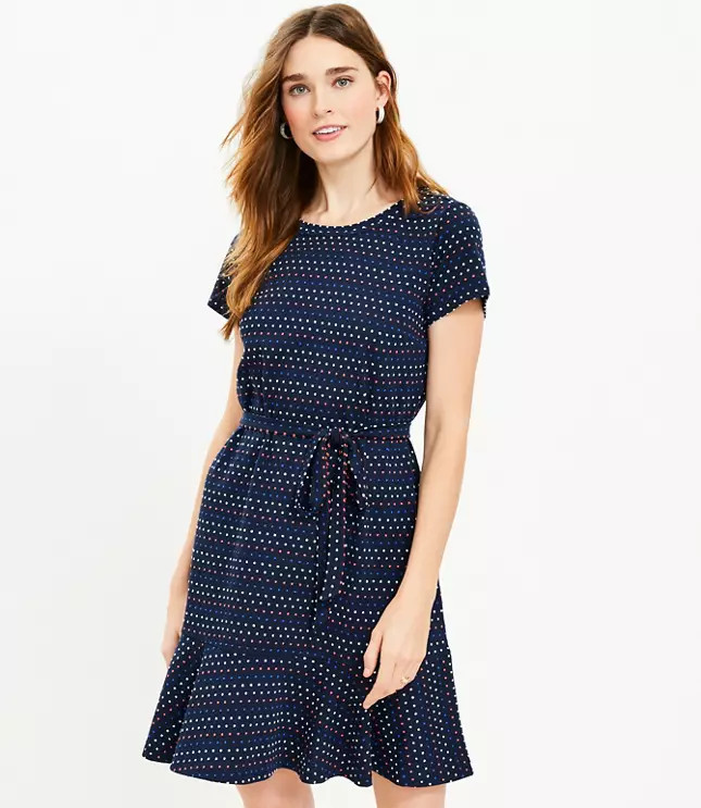 Dotted Belted Flounce Swing Dress | LOFT