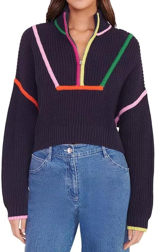 SCOFEEL Women Striped Knitted Sweater Crop Half Zip Stand Collar Casual Loose Long Sleeve Color B... | Amazon (US)