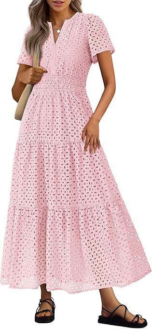 PRETTYGARDEN Womens 2026 Summer Maxi Dress Short Sleeve V Neck Hollow Out Eyelet A Line Long Flow... | Amazon (US)
