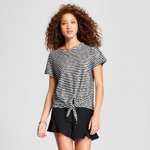 Women's Striped Short Sleeve Tie-Front T-Shirt - A New Day™ Black | Target