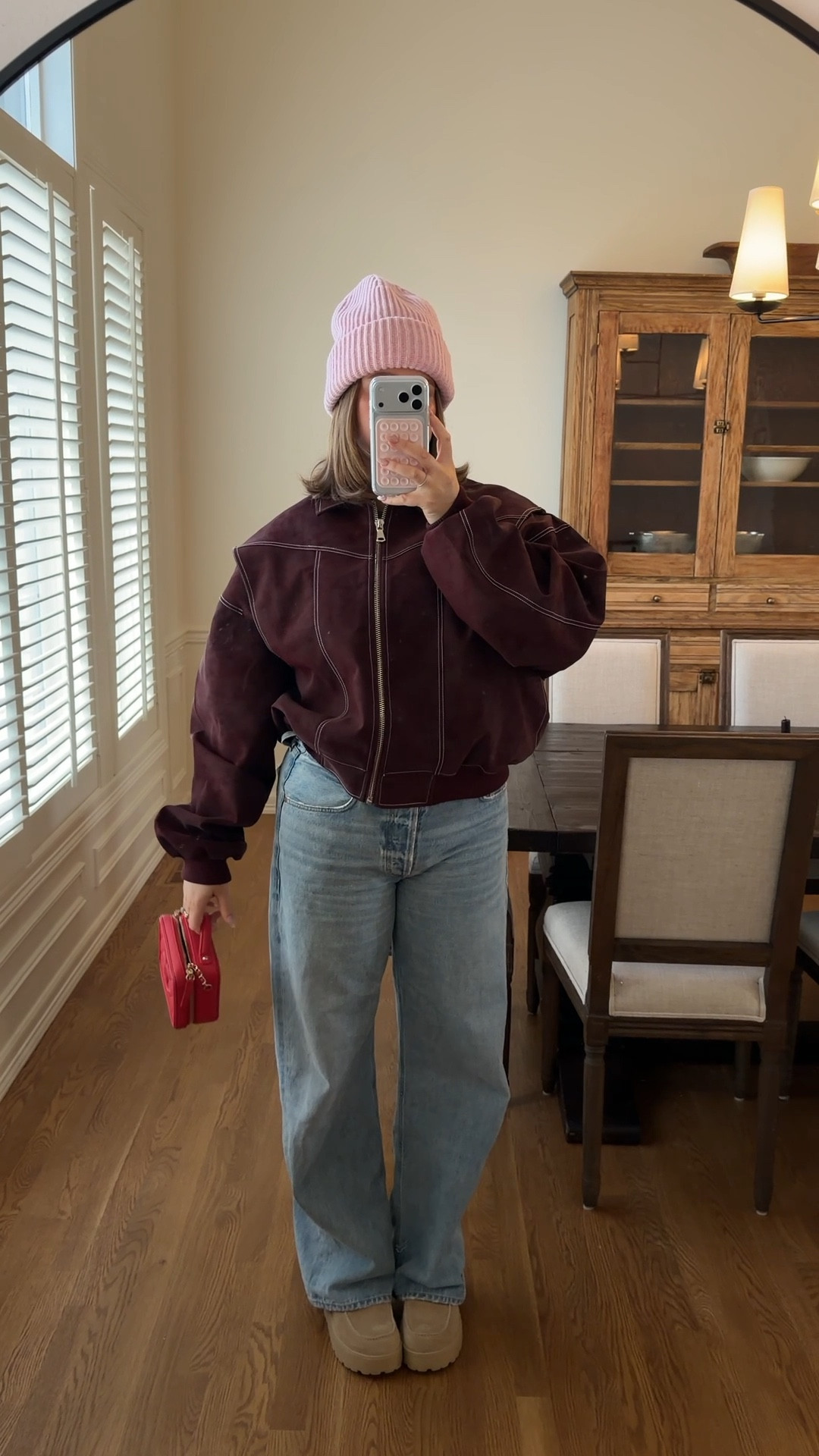 Jacket size M honestly a small would fit better it runs soo big definitely size down!! Love the color and weight of it. Beanie is from ganni three years ago they still sell it I love the thickness so cozy. Bag is borrowed from Vivrelle! Loafers true to size 

#ltkholiday #ltkseasonal #ltkootd