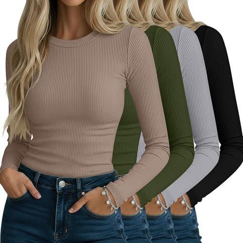 Neer 4 Pack Women's Ribbed Long Sleeve Shirts, Cotton Crew Neck Slim Fit Tops Stretch Knit Casual Base Layer Basic Tee Shirts(Black, Light Gray, Army Green, Khaki,X-Large) | Amazon (US)