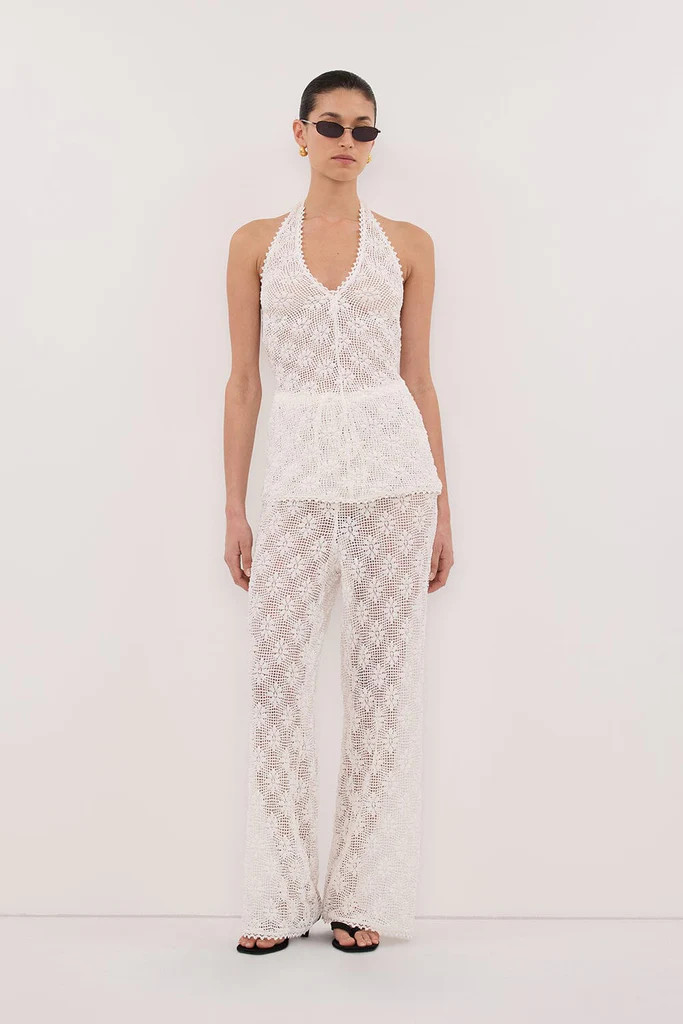 AGNES WHITE CROCHET WIDE LEG PANT | DISSH