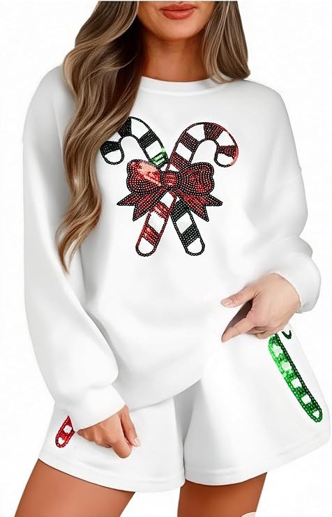 UNIQUEONE Christmas 2 Piece Sequin Outfits Women Merry Sweatshirt and Shorts Set Christmas Pajama... | Amazon (US)