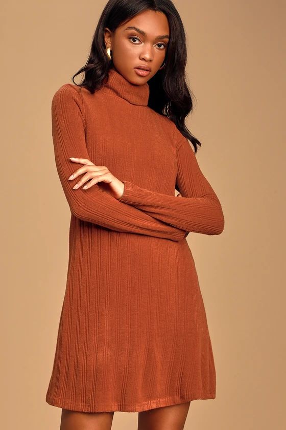 Up, Up, and A-Sway Rust Red Ribbed Turtleneck Swing Dress | Lulus (US)