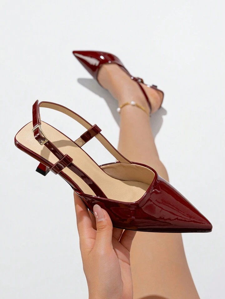 Women's Solid Color Pointed Closed Toe Back Strap Kitten Heels Shoes, Elegant & Comfortable For D... | SHEIN