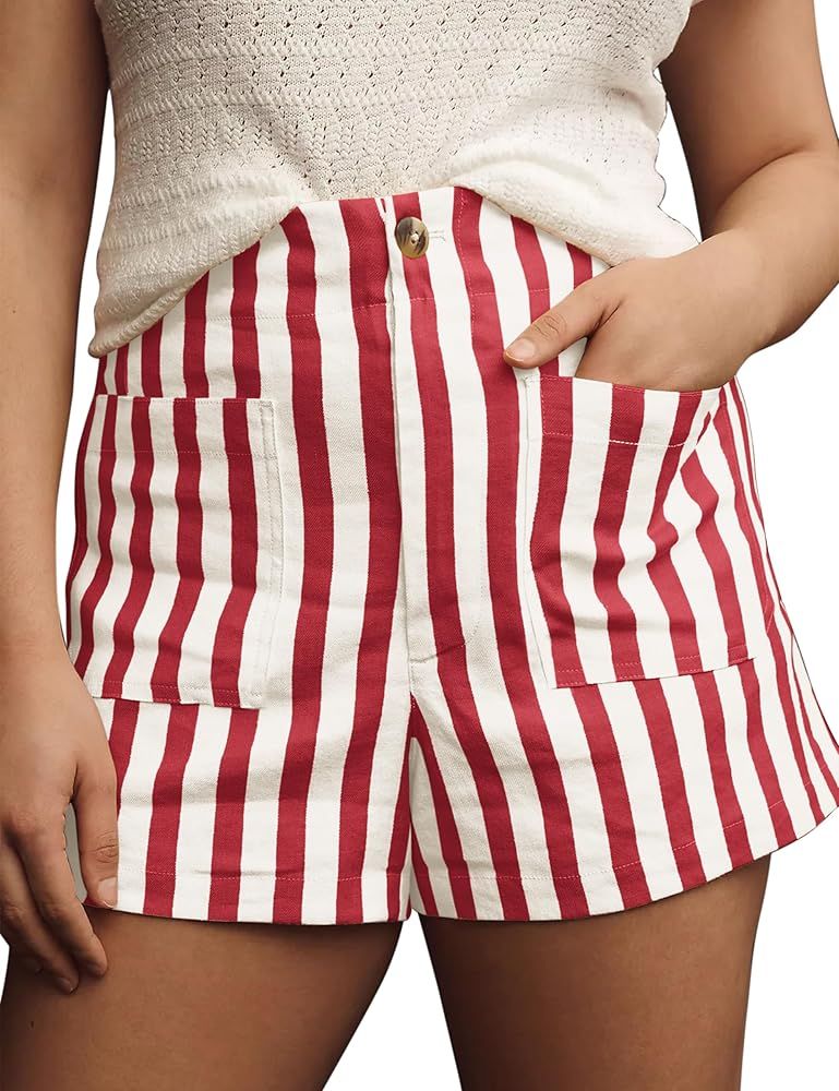 Women Striped Linen High Waisted Elastic Button Shorts 2024 Summer Y2k Color Block Boxer Shorts w... | Amazon (US)