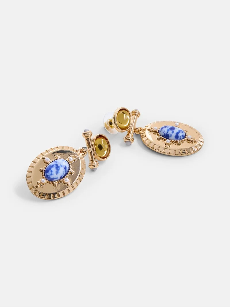 Scenario Women's Gold-Tone Bar Drop Earrings with Oval and Faux Sodalite Stones | Walmart (US)