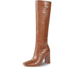 ISNOM Women's Knee High Boots, Black Crocodile, Square Toe, Chunky Heel, Full Side Zipper Boots | Amazon (US)