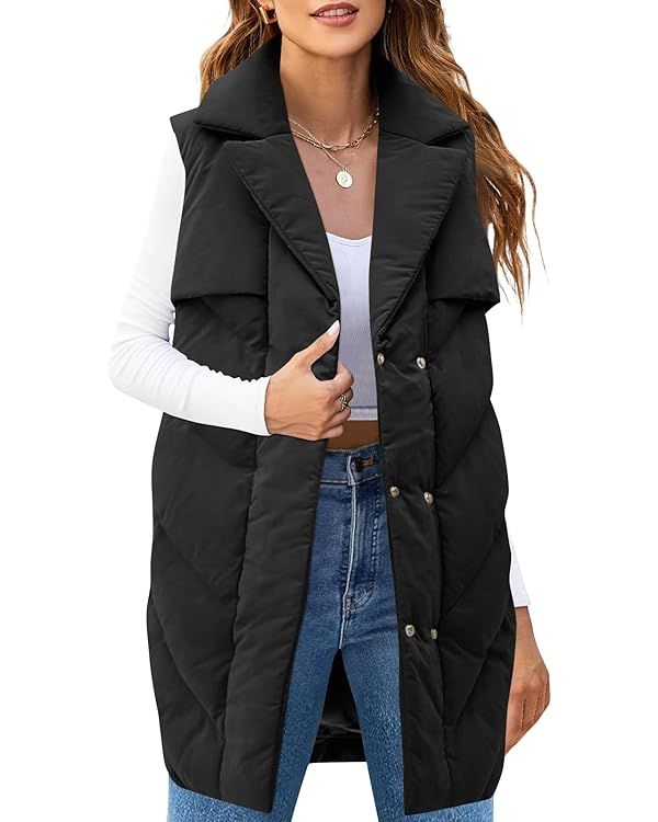 Fazortev Womens Long Quilted Puffer Vest Sleeveless Lapel Collar Puffy Jackets Winter Outwear War... | Amazon (US)