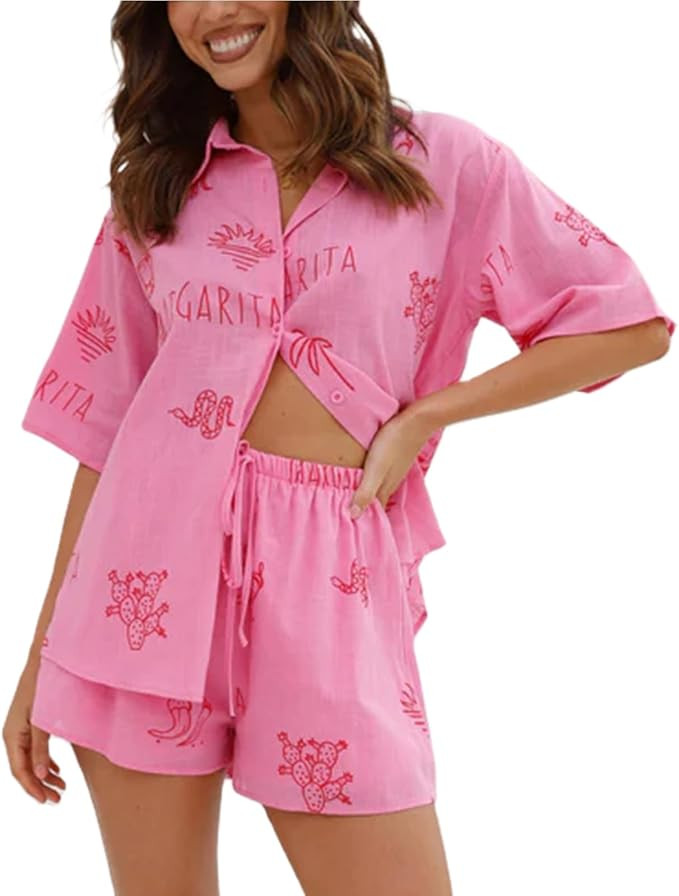 Yuemengxuan Women 2 Piece Summer Outfits Linen Beach Shorts Set Printed Button Short Sleeve Tops ... | Amazon (US)