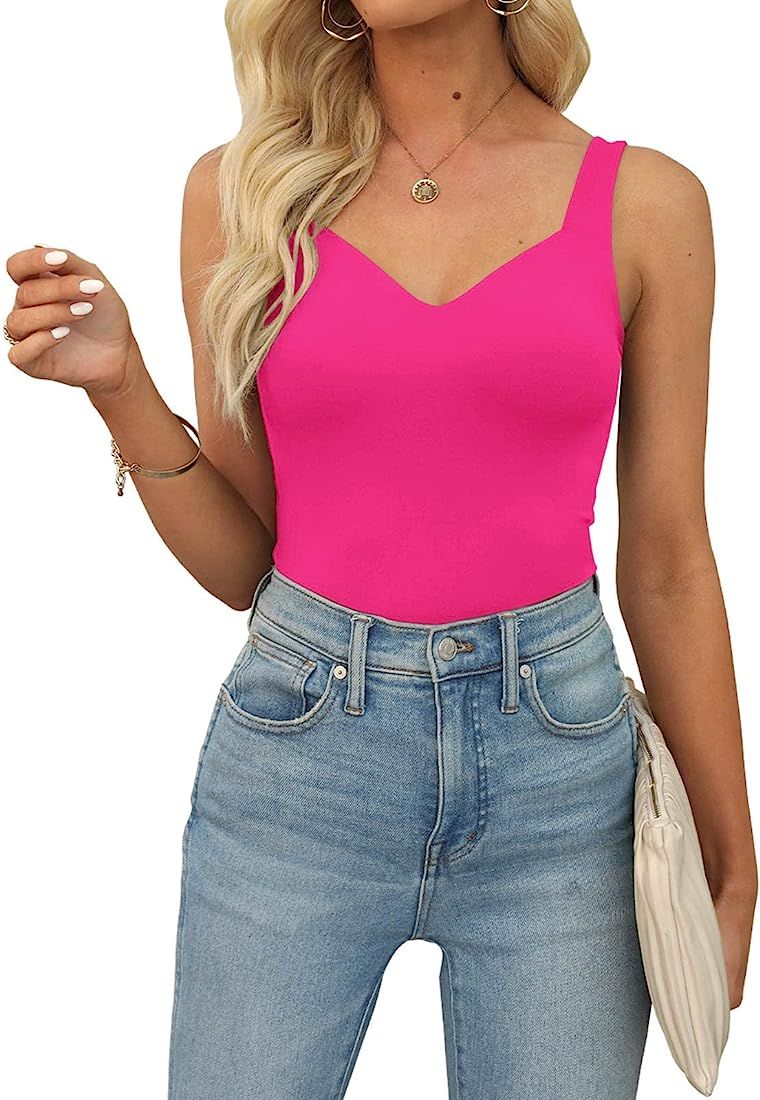 PINKMSTYLE Womens Sweetheart V Neck Tank Tops Cute Slim Double Lined Seamless Sleeveless Tops Sum... | Amazon (US)