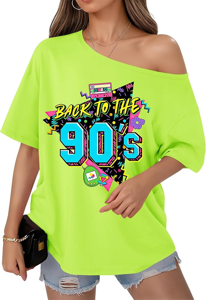 80s Shirts for Women Oversized Retro Off The Shoulder Top Disco 80s 90s Theme Party Outfit | Amazon (US)
