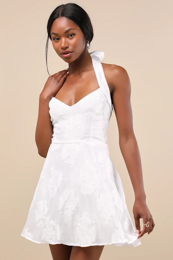 Bonni White Floral Jacquard Halter Mini Dress | Lulus