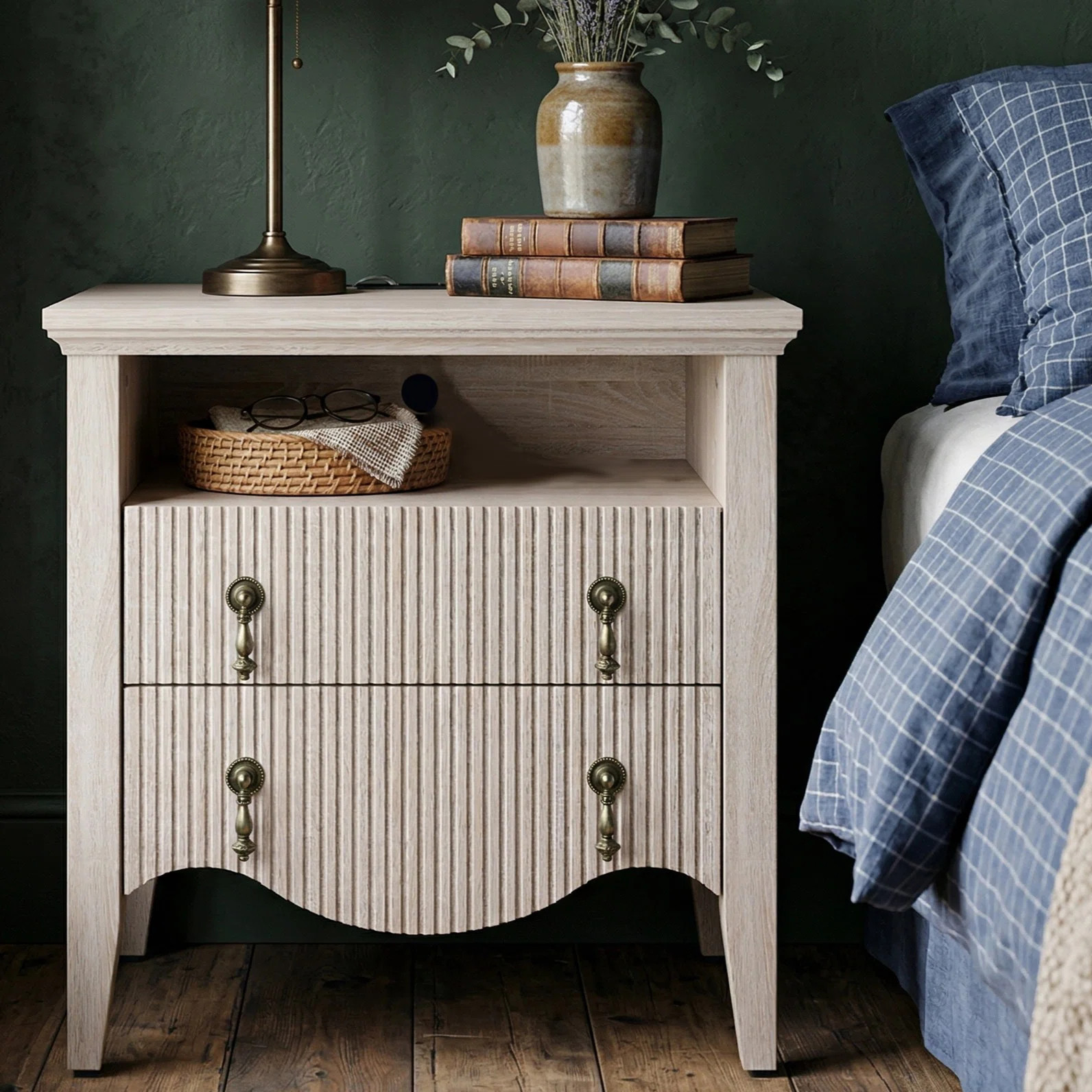 Avenall Nightstand With Charging Station, Vintage Bedside Table With 2 Fluted Drawers And Open Sh... | Wayfair North America