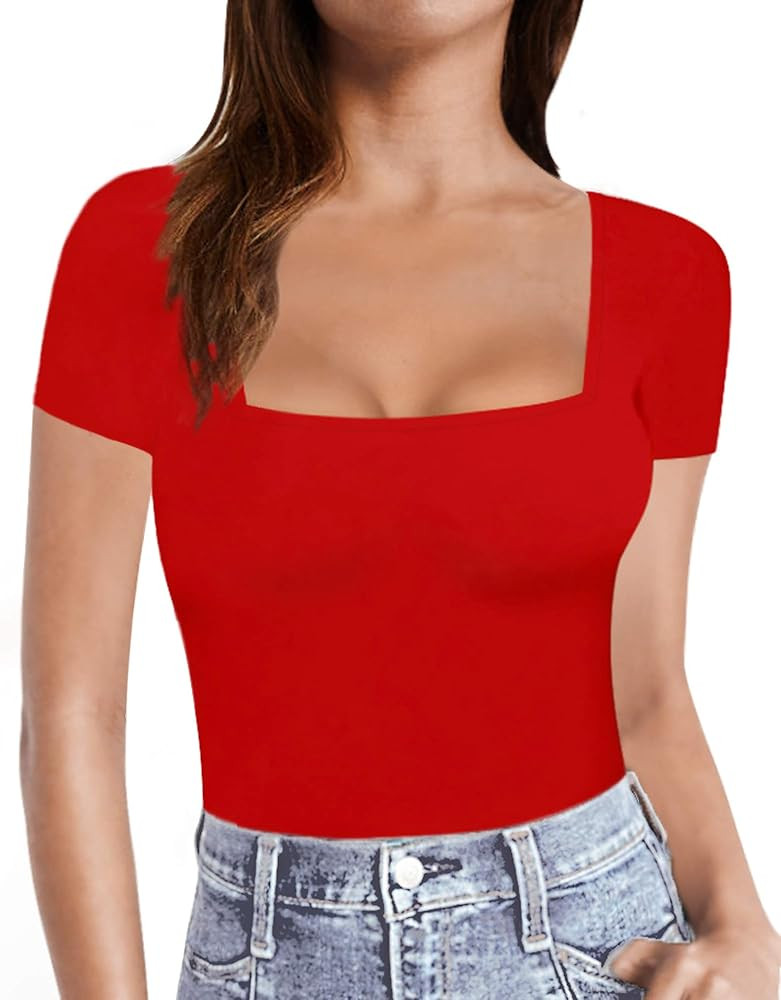 MANGOPOP Womens Short Sleeve/Long Sleeve Square Neck T Shirts Tops Tees | Amazon (US)